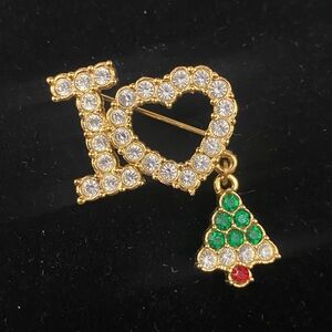 Avon Rhinestone Brooch Pin Christmas I Heart (Love) Christmas Tree